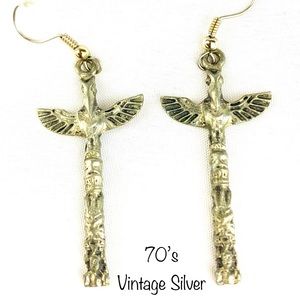 Vintage Native American Totem Pole Silver Earrings